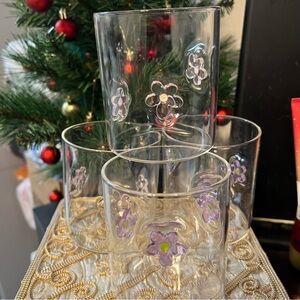 Embossed Flower Icon glass tumbler Set of 4